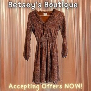 Betsey’s Boutique Shop Accented Brown Long-sleeved Midi Witchy Boho Dress